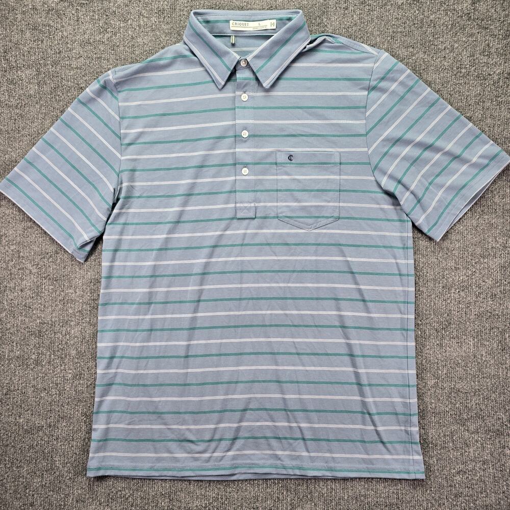 Criquet Polo Shirt Mens Large Blue Green Stripe Stretch Pima Cotton Blend Pocket